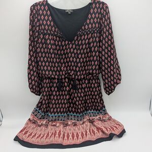 Lily Rose Paisley Floral Print Tie Waist Dress XL 3/4 Sleeve V- Neck Black Red